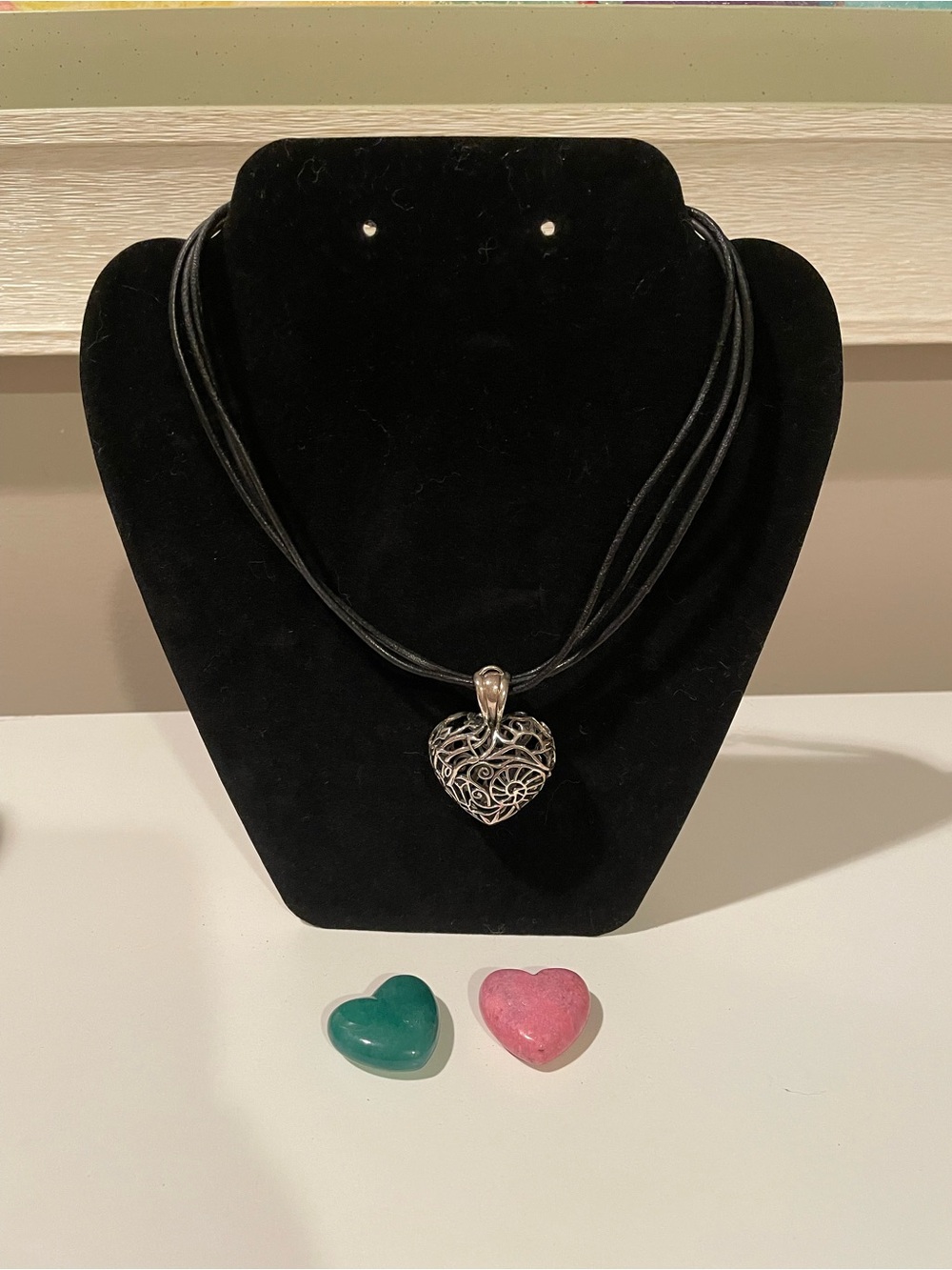 Silver Filigree Heart Pendant Necklace on Black Multi-Strand Cord